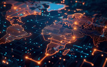 World map made of glowing printed circuits, global network and connectivity, international telecommunications and business, data transfer and technology, information exchange,artificial intelligence